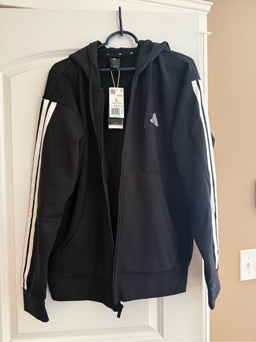 adidas Black Hoodie Jacket with White Sleeve Stripes
